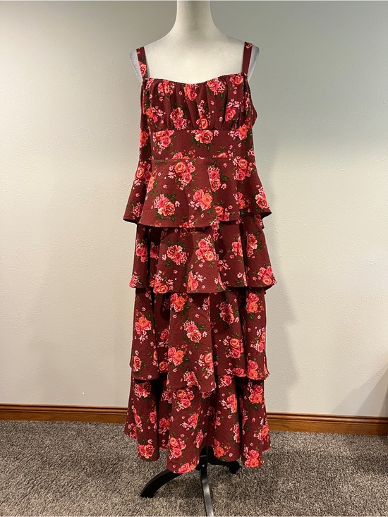 ARULA Dresses & Skirts - Arula Tiered Floral Maxi Dress in Burgundy with Pink Roses size 2X